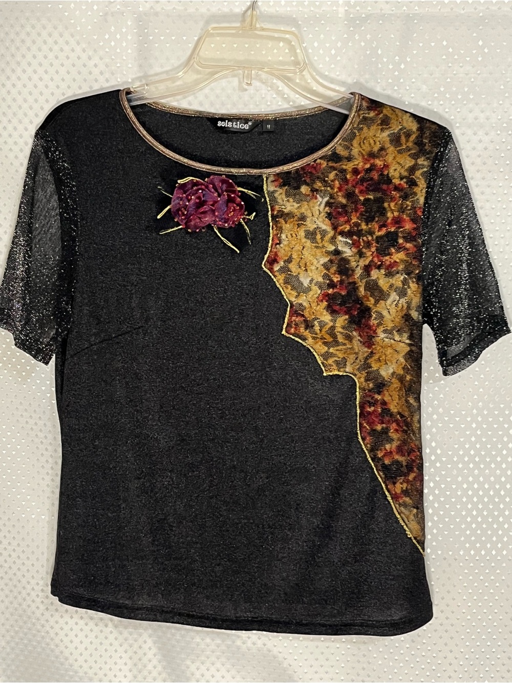 Solstice Black Short Sleeve Top with Gold and Burgundy Floral Detail